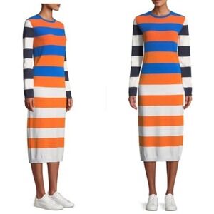 Tory Sport Broad Stripe Tech Knit Long Sleeve Midi‎ Dress Ribbed Stretch Medium